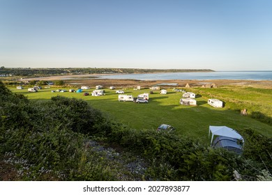 Skysea Caravan and Camping Site, The Seafront, Port Eynon, Gower, Swansea, South Wales, The United Kingdom. Camping in Welsh countryside for the UK vacation in Summer