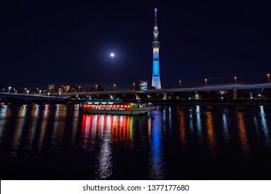 Skytree and Sumida River night scene with Yakata-bune (Japanese style sightseeing and restaurant ship) / Asakusa, Tokyo, Japan - Powered by Shutterstock