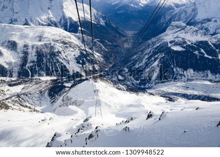 Skyway 360° Courmayeur - Italy winter season.
Monte Bianco on the Italian side of Mont Blanc massif.  Station  intermedie connect city of Courmayeur to Pointe Helbronner 3,466 m