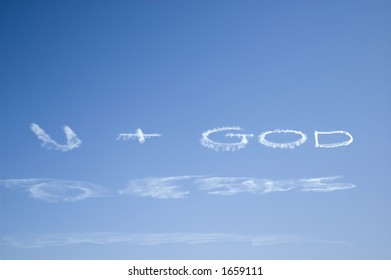 Skywriting on a clear day in  Florida. With "U + God" visible and "Turn to Jesus" fading away.