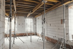 Slab Formwork For Concrete Pouring. Concrete Slab Construction For Ceiling At Construction Site. Process Of House Building, Construction Formwork