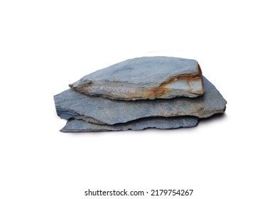 Slabs Of Dark Gray Slate Rock Are Stacked On Top Of Each Other Isolated On White Background.