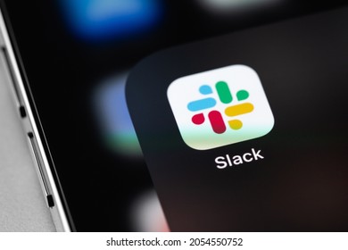 Slack Mobile Icon App On Screen Smartphone IPhone Closeup. Slack Is A Corporate Messenger. Moscow, Russia - September 15, 2021