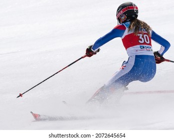 Slalom Russian Alpine Skiing Cup, International Ski Federation Championship. Mount Skier Lendya Ulyana Kamchatka Skiing Down Ski Slope. Moroznaya Mountain, Kamchatka Peninsula, Russia - March 29, 2019