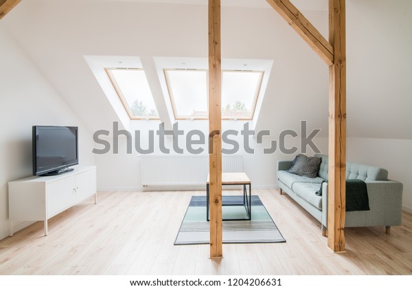 Slanted Ceiling Living Room Modern Bright Stock Image