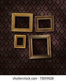 Slanted Gilded Frames On Dark Damask Pattern Wall Paper