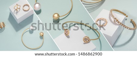 Slanted jewelry photography collage on bright green background 