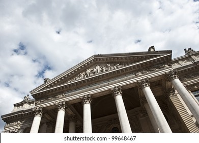 A Slanted Shot Of The Front Of The Brussels Stock Exchange La Bourse.