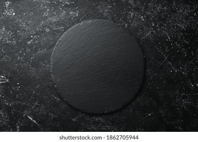 Slate Black Stone Plate. Top View. Free Copy Space.