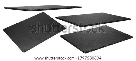 Slate plate isolated on white background. Kitchen stone tray for food. Set of empty black granite stone rectangle board.