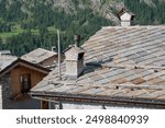 The slate roof with chimneys provides durability and character to the structure. The resistant tiles and elegant chimneys, provides protection, value and a traditional and charming aesthetic.