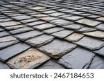 Slate roofing tiles on a historic building. Attractive, durable roofing material. Old stone roof tiles covered with lichens and mosses background texture.