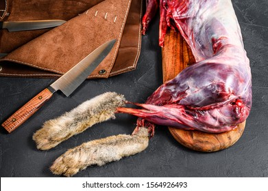 The Slaughter Of The Rabbit, Animal Slaughter. Whole Carcass Of A Farm Rabbit. Top View