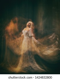 Slave, servant of darkness ... Queen albino. A blonde girl, like a ghost, in a white vintage dress, in a black room, a gothic, artistic photograph of a sorceress and a magician. Mary Magdalene