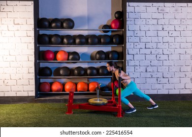 Sled Push Woman Pushing Weights Workout Exercise