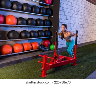 Sled Push Woman Pushing Weights Workout Exercise