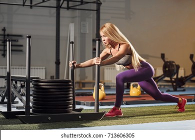 Sled Push Woman Pushing Weights Workout Exercise