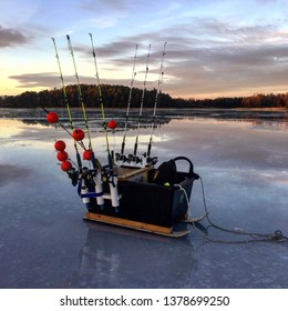 Sledge Carrying Ice Fishing Gear One Early Morning On The Ice Outside Stockholm Sweden