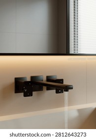 Sleek 3d render of a modern bathroom featuring a black wall-mounted faucet with flowing water and illuminated backsplash for contemporary style.