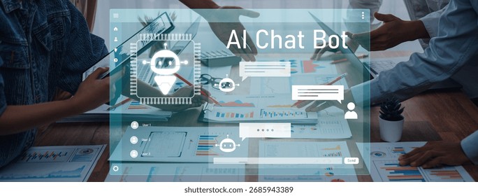 A sleek AI chat bot interface displayed in a modern workspace, showcasing digital communication tools, data analytics, and collaboration techniques for effective business strategies. Trope