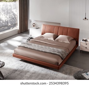 Sleek bedroom with a plush brown bed, geometric blanket, soft natural light through large windows, and minimalist decor. - Powered by Shutterstock