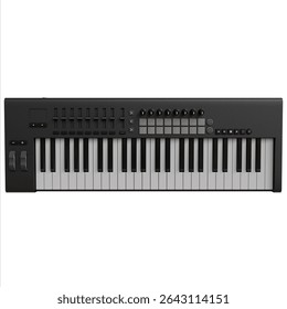 A sleek, black MIDI keyboard controller features a full-sized keybed, numerous knobs, faders, and buttons for intuitive music production and performance.  Its compact design suggests portability
