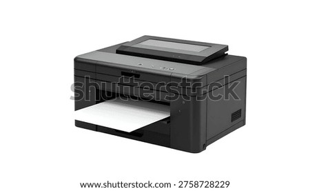 A sleek, black multifunction printer with a paper tray loaded with white sheets, captured against a clean white background, highlighting its contemporary design and functionality.
