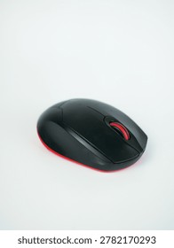 A sleek black and red wired computer mouse isolated on a plain white surface, featuring an ergonomic design and glowing red underside.