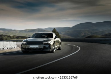 A sleek black sedan navigates a sharp curve on a mountain road, surrounded by rolling green hills under a cloudy sky - Powered by Shutterstock