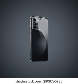 Sleek black smartphone displayed vertically against a dark reflective background with soft lighting.