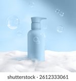 A sleek blue pump bottle surrounded by gentle bubbles and soft foam, perfect for personal care products.