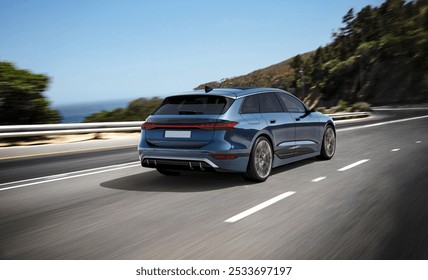 A sleek blue station wagon speeds along a coastal highway, with lush greenery and ocean views in the background, reflecting the spirit of summer travel - Powered by Shutterstock