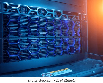 A sleek blue-lit data server featuring a unique honeycomb design, highlighting advanced technology in a modern server room environment.