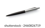 A sleek classic ballpoint pen with a black grip and silver body lies on a pure white surface.