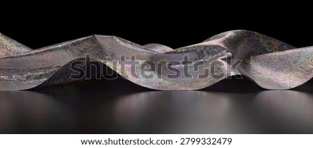 Sleek composition of flowing iridescent material with a crinkled, shiny texture. Rainbow holographic light shifts across the wavy surface, set on a dark, reflective plane against a black background. Ideal for futuristic luxury or tech-themed projects