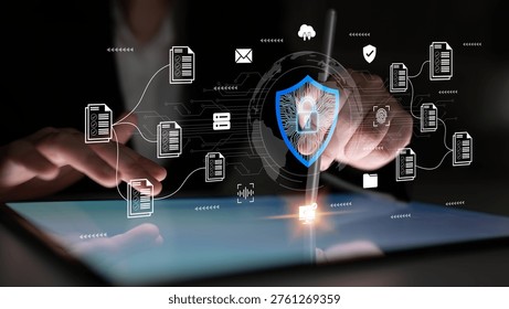 A sleek digital security scene featuring hands interacting with a tablet, showcasing symbols of protection and data management to emphasize modern technology and cybersecurity themes. Ledger