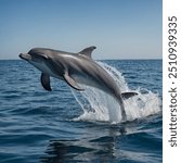 A sleek dolphin leaps gracefully from the sparkling ocean, its body arcing through the sunlight. The water splashes dramatically around it, creating a shimmering halo as the dolphin returns