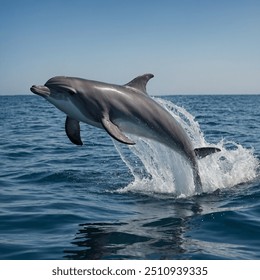 A sleek dolphin leaps gracefully from the sparkling ocean, its body arcing through the sunlight. The water splashes dramatically around it, creating a shimmering halo as the dolphin returns