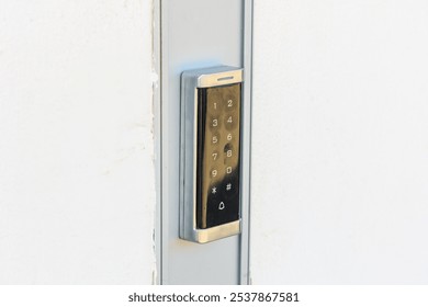 A sleek electronic keypad entry system is mounted on a metal door, emphasizing modern security features with a minimalist design that blends functionality with style.