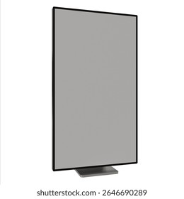 A sleek, freestanding, rectangular digital display or screen with a slim, dark bezel and a small, light gray base.The screen is blank, light gray, and appears to be a high-resolution monitor