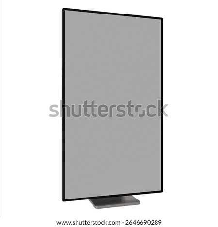 A sleek, freestanding, rectangular digital display or screen with a slim, dark bezel and a small, light gray base.The screen is blank, light gray, and appears to be a high-resolution monitor