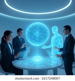 In a sleek futuristic collaboration hub, business professionals and a holographic AI avatar interact through brainwave-controlled interfaces around a central glowing data sphere. A fusion of silence, 