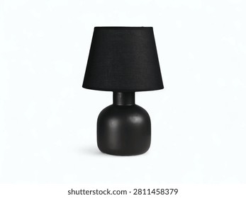 Sleek matte black table lamp with fabric shade against a white background.
