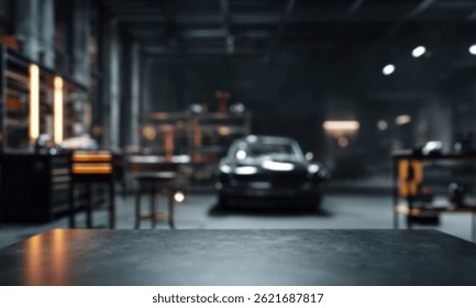 Un elegante y moderno automóvil negro se presenta de manera prominente en un taller automotriz poco iluminado.
