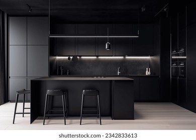 A sleek and modern, dark black kitchen exudes industrial edge and sophisticated style - Shutterstock ID 2342833613