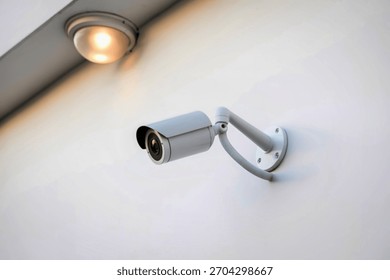A sleek, modern security camera is attached to a white wall. An illuminated light fixture is visible above and to the left of the camera.