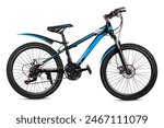 Sleek mountain bike with vivid blue and black design isolated on a white background