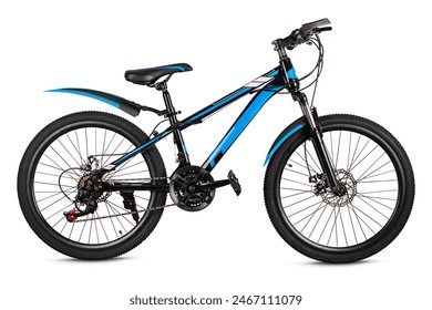 Sleek mountain bike with vivid blue and black design isolated on a white background - Powered by Shutterstock