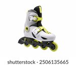 A sleek pair of rollerblades designed for enhanced performance, featuring a streamlined white and black body with striking yellow accents for visibility and style.