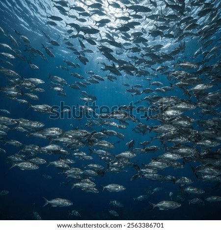 A sleek silver fish with a streamlined body gliding through the clear blue ocean. Its shimmering scales reflect light, creating a dazzling effect. The serene underwater backdrop enhances its elegance.